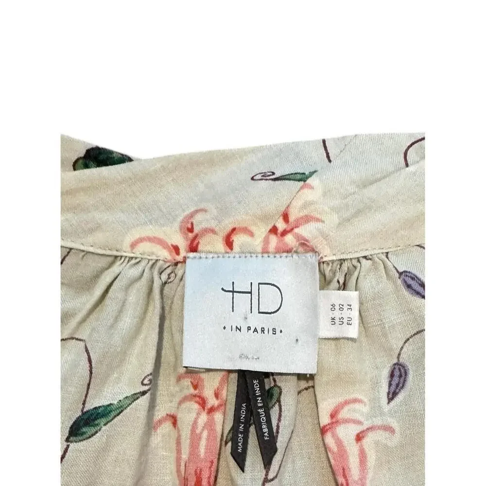 HD In Paris Cream Floral Pattern 3/4 Sleeves Peasant Blouse Womens Size 2 - Picture 4 of 6